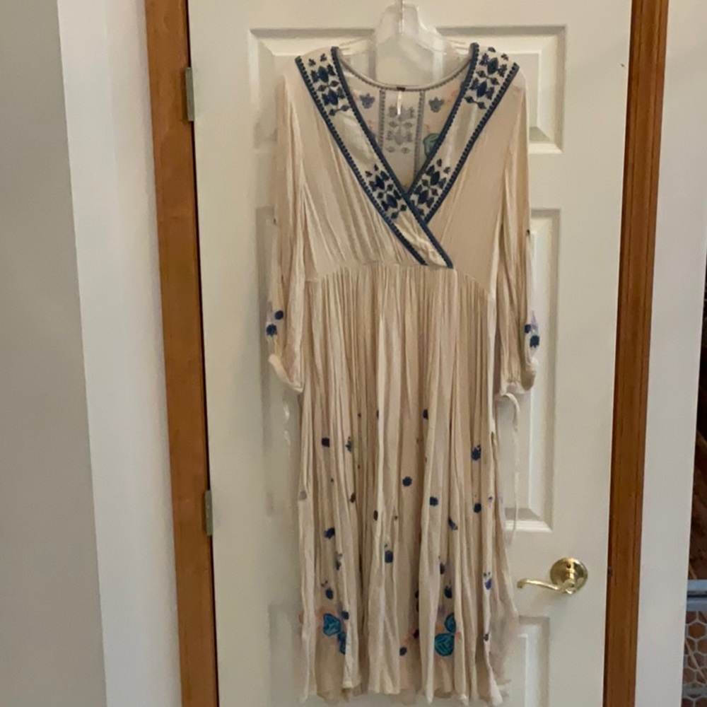 Free People Enchanted Forest Cream Dress V- Neck Floral Embroidery Blue - Medium